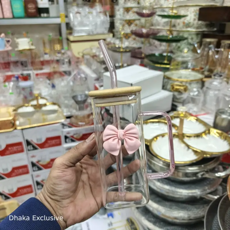 Aesthetic Square Glass Mug with 3D Bow, Handle & Bamboo Lid