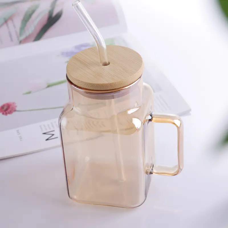 Square Glass Mug with Bamboo Lid and Straw