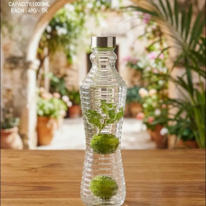 Premium Ribbed Glass Water Bottle - 1000ML