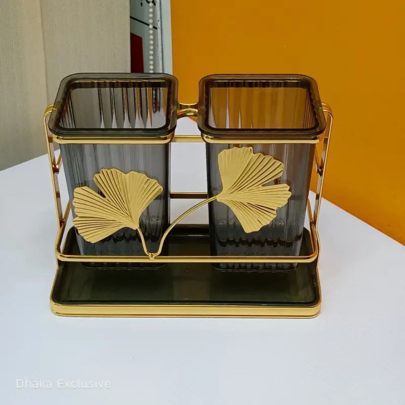 Premium Double Chamber Spoon Holder ( Green and Golden ) Square