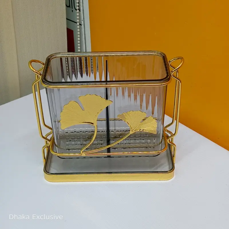Fiber Plastic spoon holder with metal stand ( Black-Ash And Golden ) Square