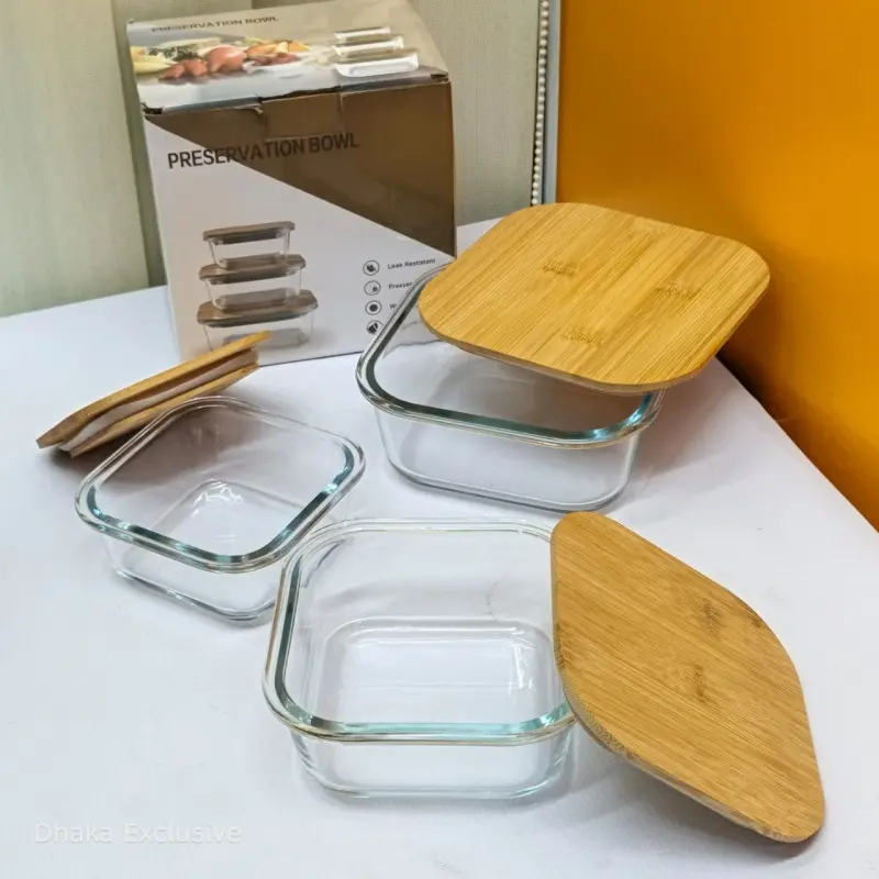 Square Borosilicate Glass Container Set with Bamboo Lids