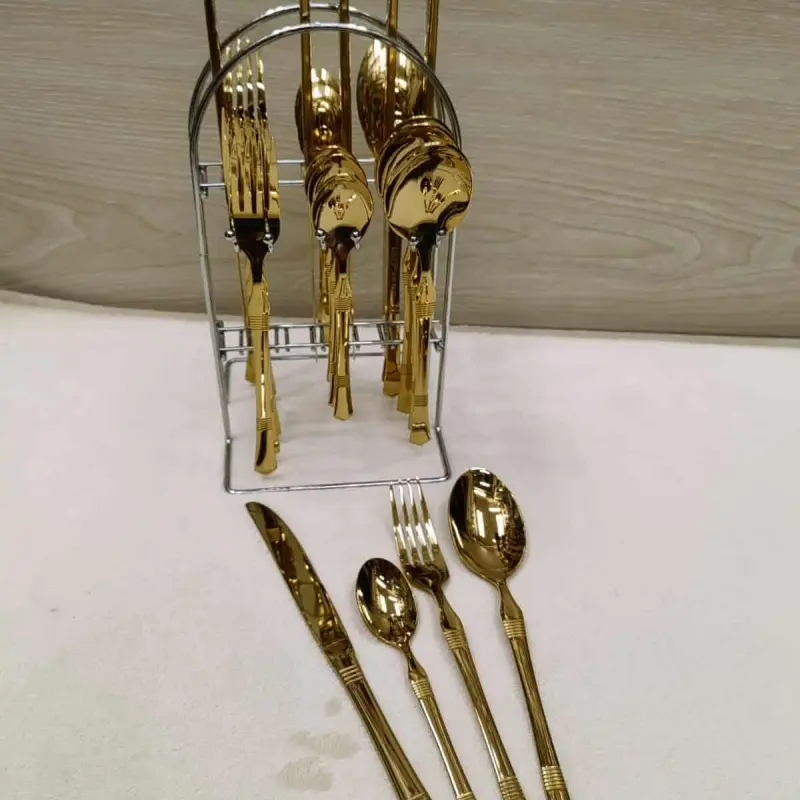 Elegant 24-Piece Golden Cutlery Set with Stand
