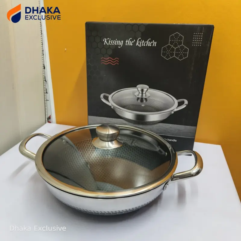 Honeycomb Stainless Steel Non-Stick Wok Pan with Glass Lid