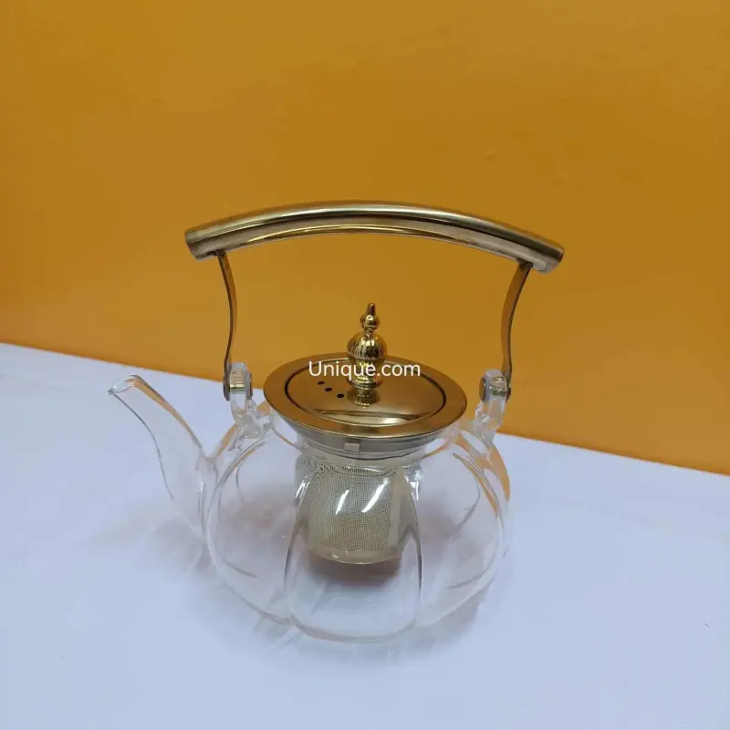Elegant Glass Teapot with Golden Infuser and Handle