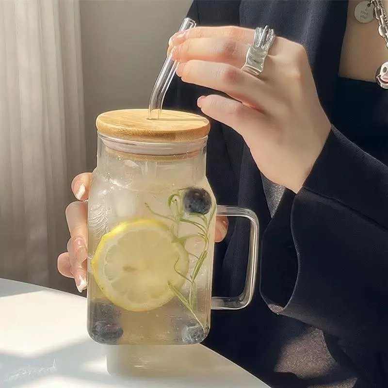 Glass Mason Jar with Bamboo Lid and Glass Straw