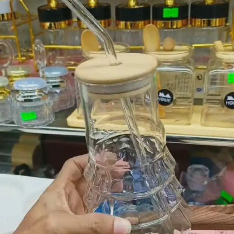 Tree-Shaped Glass Cup with Bamboo Lid and Straw
