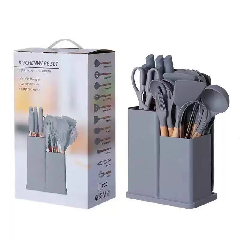 19-Piece Premium Silicone Kitchen Utensil & Knife Set with Modern Storage Organizer